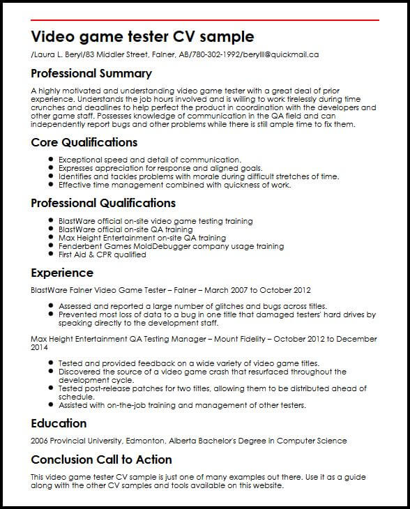 Video Game Tester Cv Sample